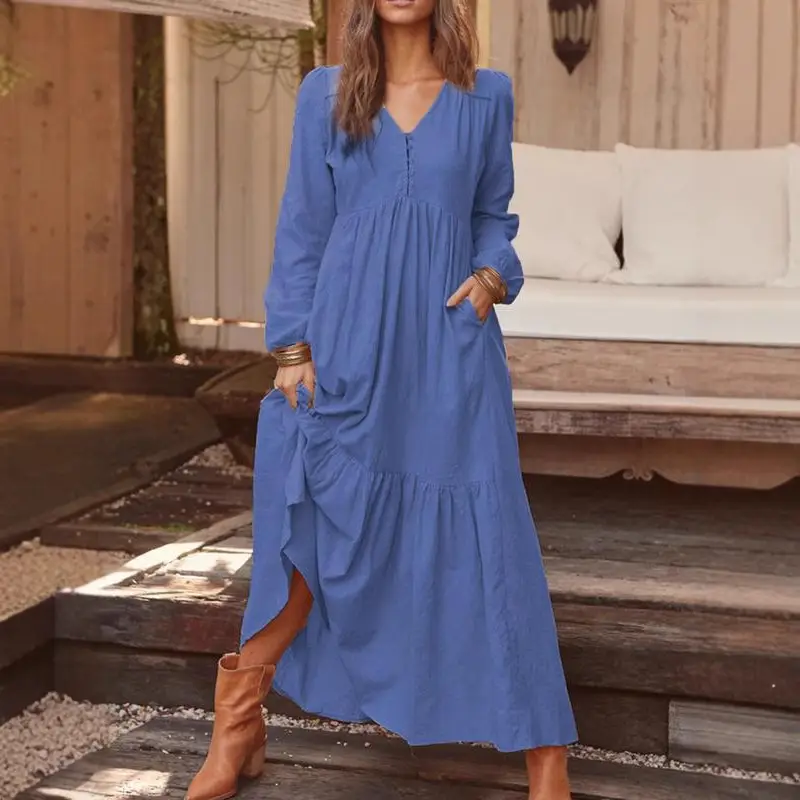 Blue Long Sleeve V-Neck Dress with Flared Skirt - Image 13