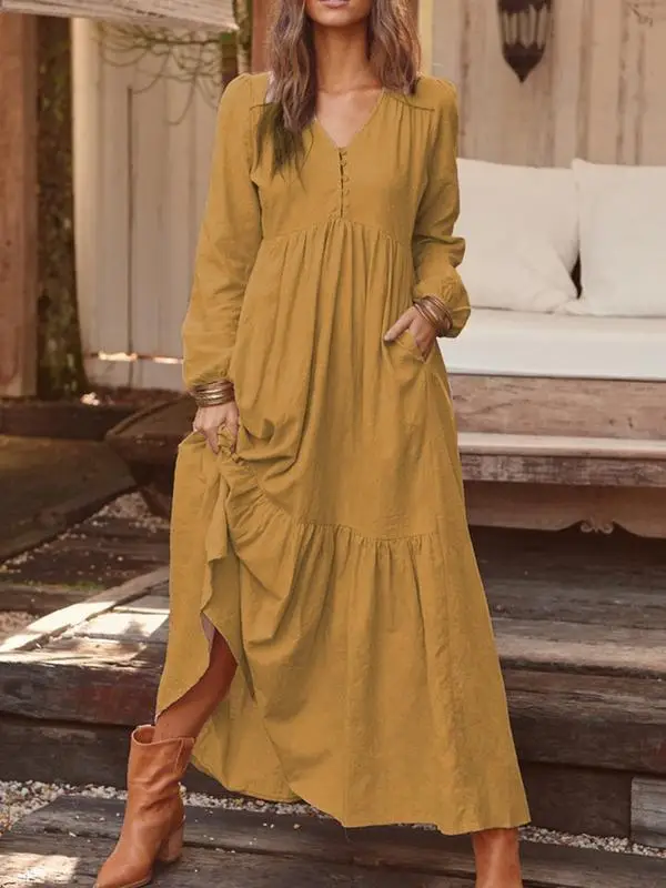 Blue Long Sleeve V-Neck Dress with Flared Skirt — feature 3