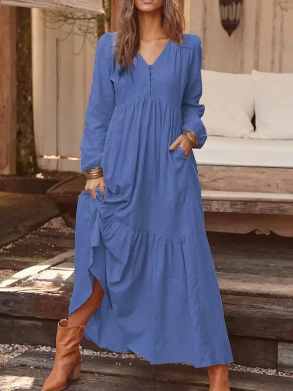Blue Long Sleeve V-Neck Dress with Flared Skirt - Image 2