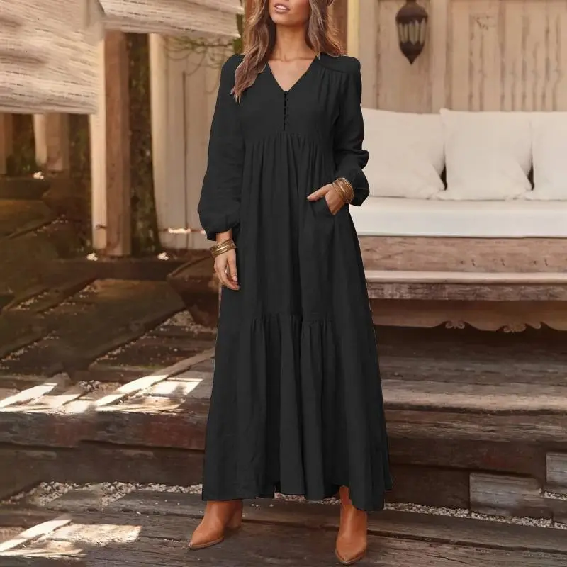 Blue Long Sleeve V-Neck Dress with Flared Skirt - Image 6