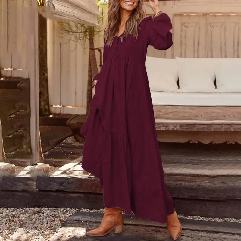 Blue Long Sleeve V-Neck Dress with Flared Skirt - Image 7