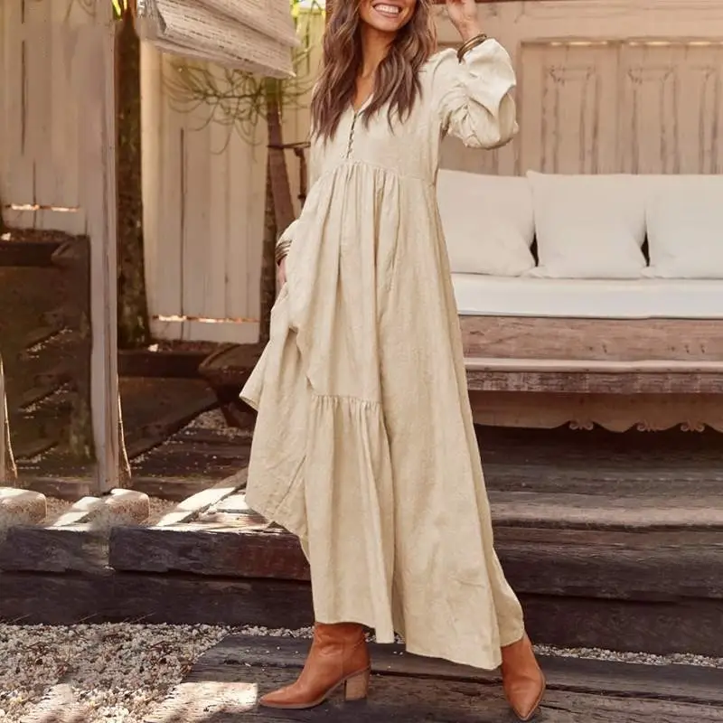 Blue Long Sleeve V-Neck Dress with Flared Skirt - Image 8