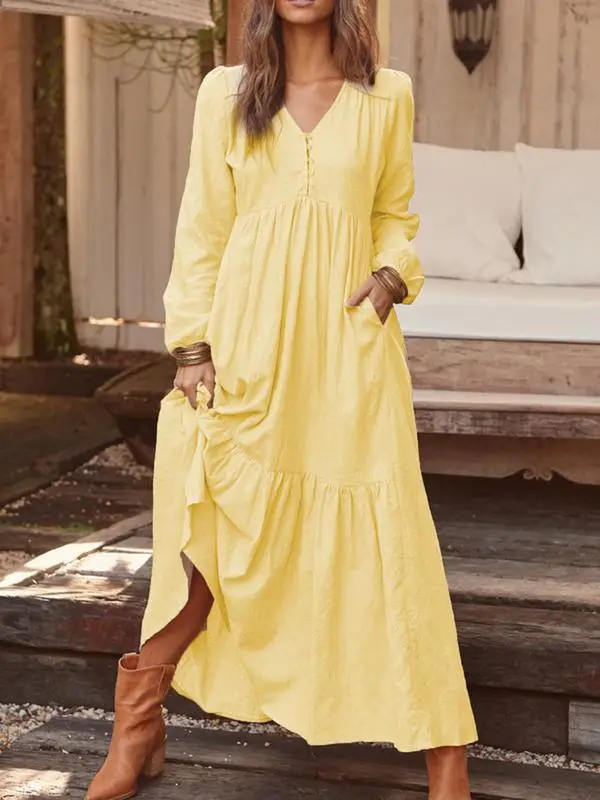 Blue Long Sleeve V-Neck Dress with Flared Skirt - Image 3