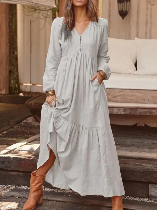Blue Long Sleeve V-Neck Dress with Flared Skirt - Image 4