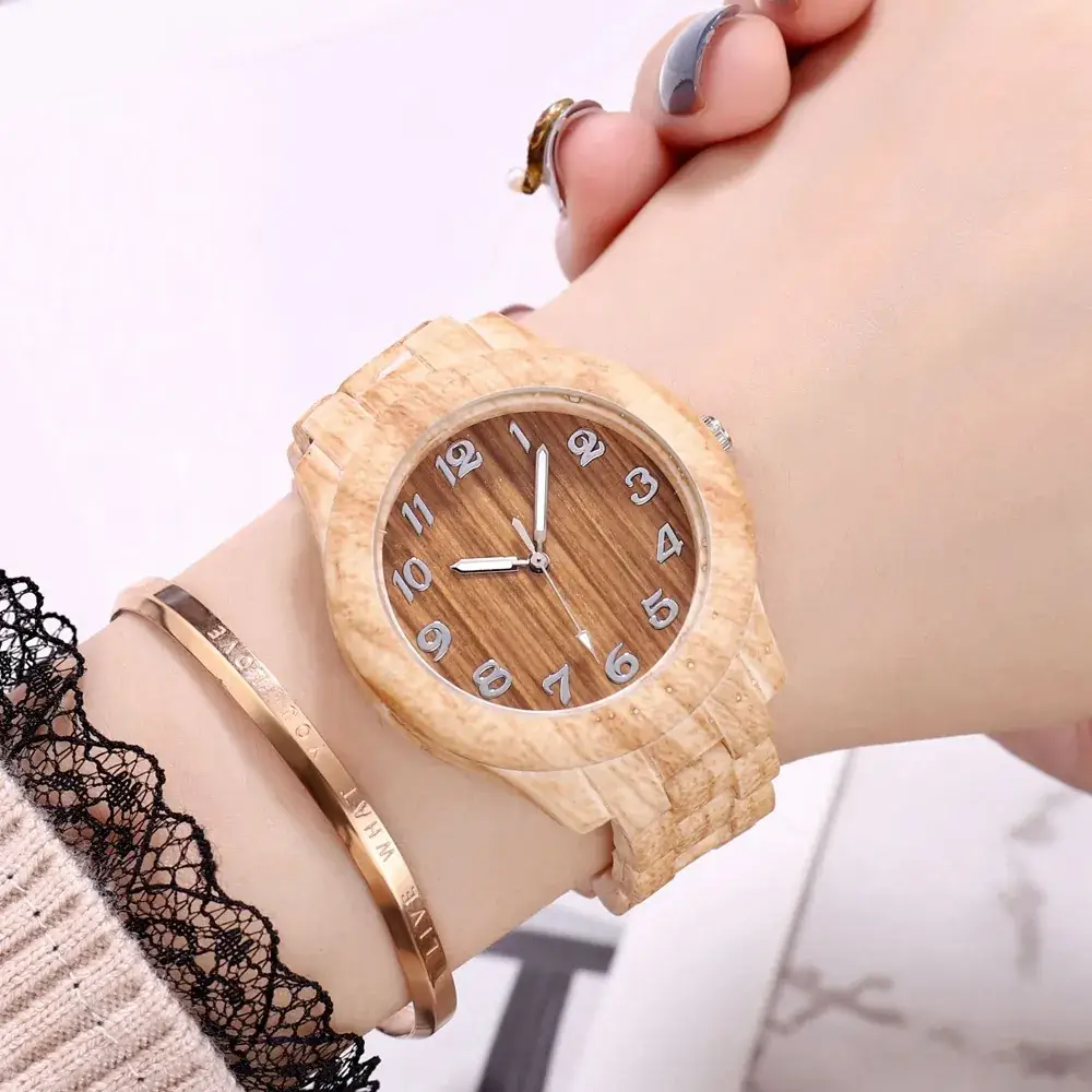 Women's Wood Pattern Digital Watch with Steel Band - Image 6