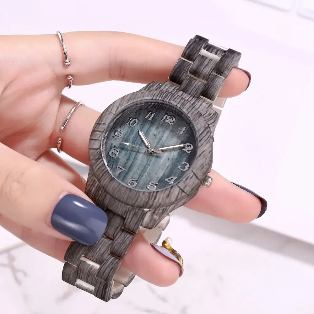 Women's Wood Pattern Digital Watch with Steel Band - Image 8