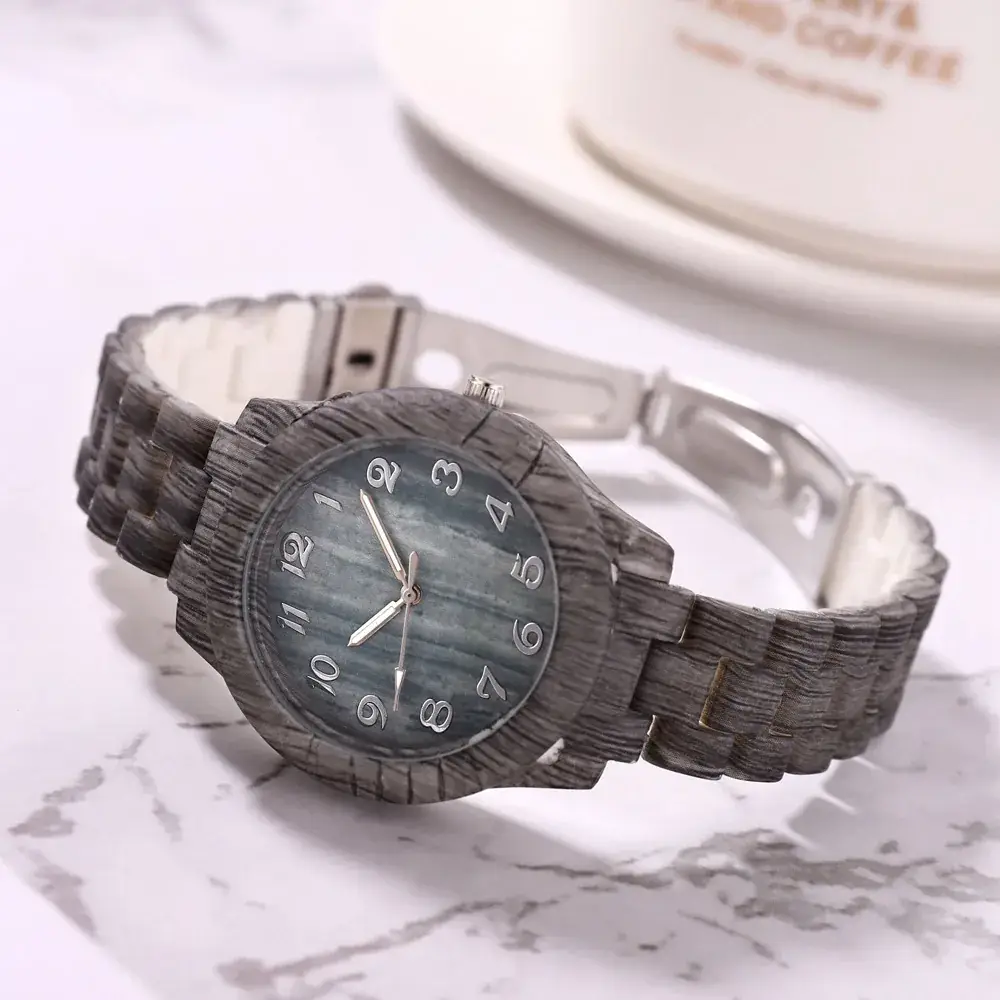 Women's Wood Pattern Digital Watch with Steel Band - Image 10