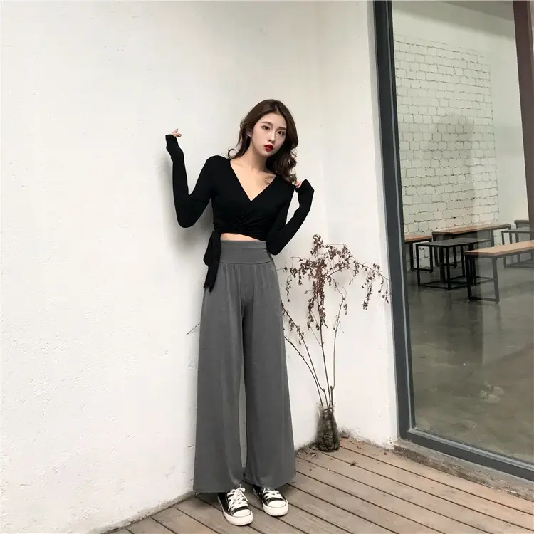 Women Long Sleeve V Neck T-Shirt Slim Fit Black Pants — feature 13