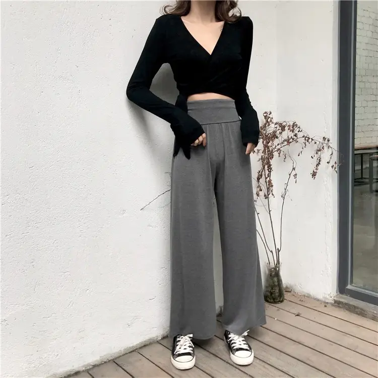 Women Long Sleeve V Neck T-Shirt Slim Fit Black Pants — feature 14