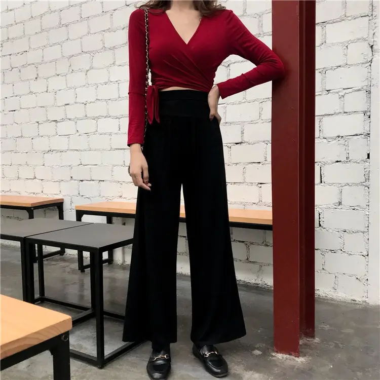 Women Long Sleeve V Neck T-Shirt Slim Fit Black Pants — feature 8
