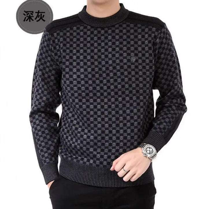 Men Black Plaid Thick Mercerized Sweater 2024