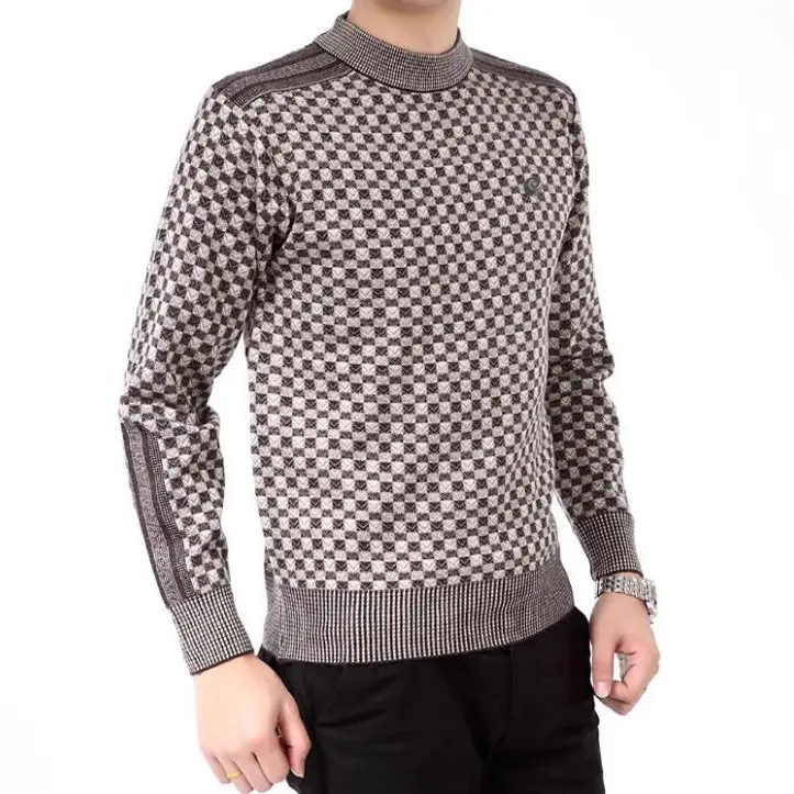 Men Black Plaid Thick Mercerized Sweater 2024