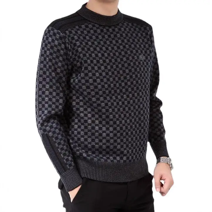 Men Black Plaid Thick Mercerized Sweater 2024