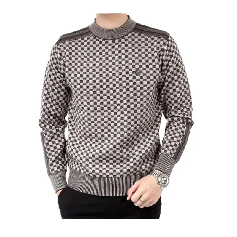 Men Black Plaid Thick Mercerized Sweater 2024