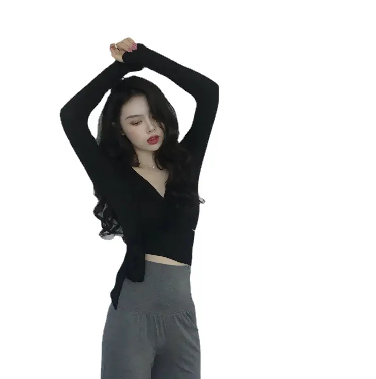 Black Lace-Up Long Sleeve V Neck T-Shirt for Women - Image 7