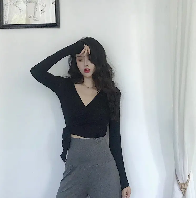 Black Lace-Up Long Sleeve V Neck T-Shirt for Women — feature 13