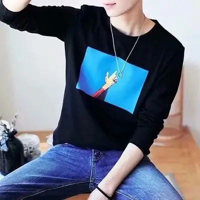 Men Black Graphic Long Sleeve T-Shirt Slim Fit Casual Wear