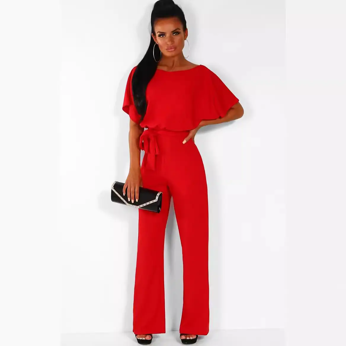 Red Lace-up Button Women's 2-Piece Jumpsuit Set - Image 8