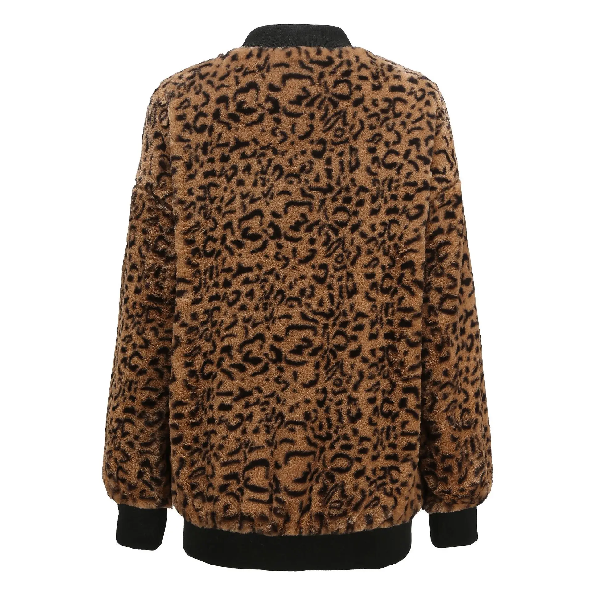 Women Leopard Print Faux Fur Zipper Jacket - Image 3