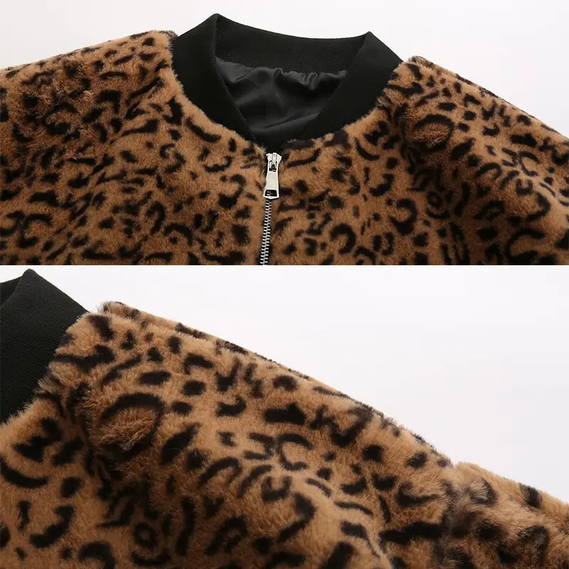 Women Leopard Print Faux Fur Zipper Jacket - Image 4