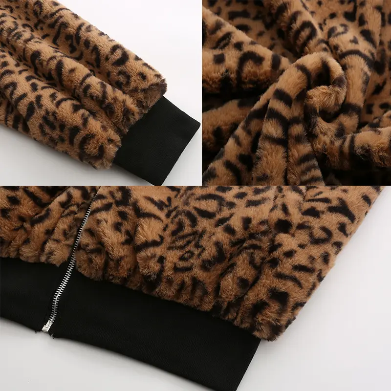 Women Leopard Print Faux Fur Zipper Jacket - Image 5