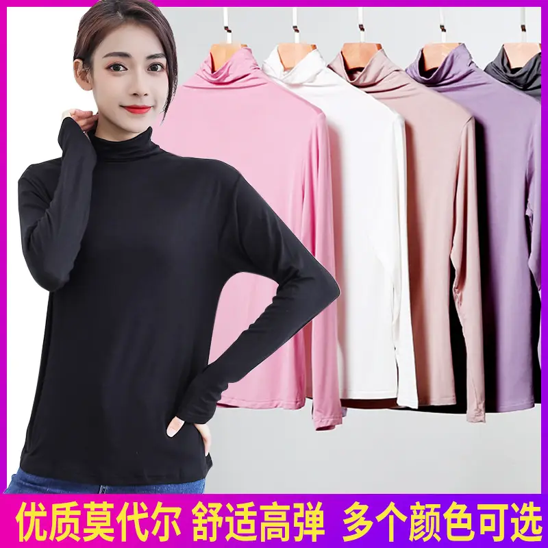Women's Black Long Sleeve Mock Neck T-Shirt Solid Color - Image 10