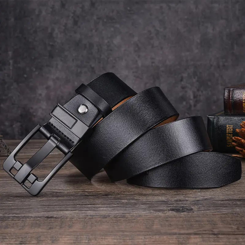 Men's Black Leather Belt with Silver Buckle