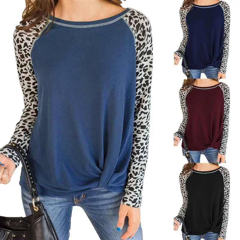 Long Sleeve Leopard Print T-Shirt Blue for Women - Image 3