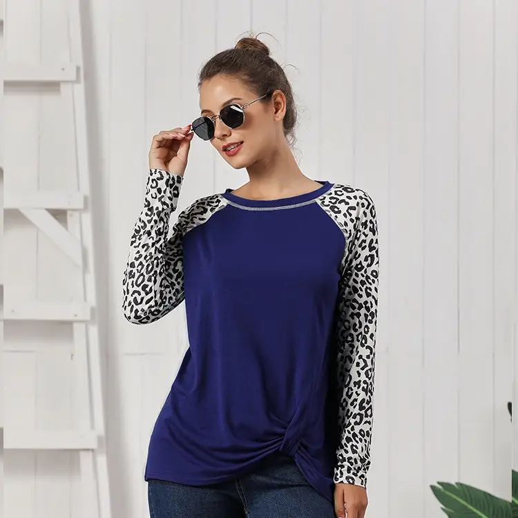 Long Sleeve Leopard Print T-Shirt Blue for Women - Image 5