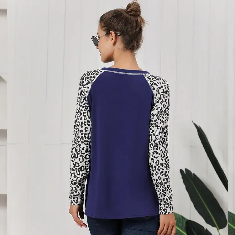 Long Sleeve Leopard Print T-Shirt Blue for Women - Image 6