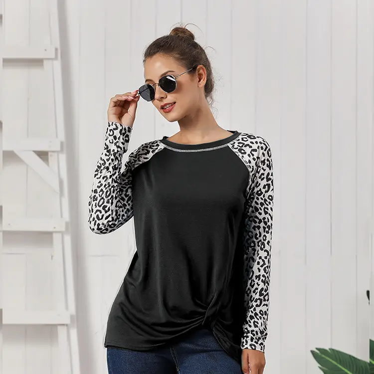 Long Sleeve Leopard Print T-Shirt Blue for Women - Image 7
