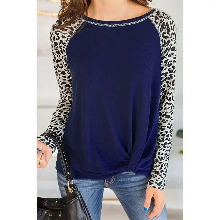 Long Sleeve Leopard Print T-Shirt Blue for Women - Image 2