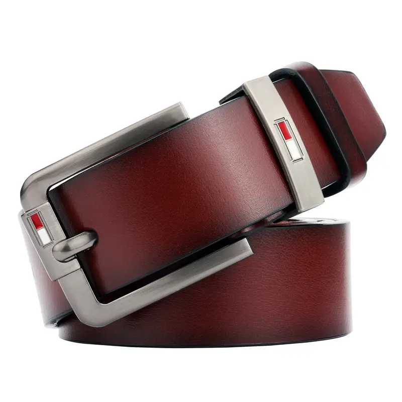 Men's Black Leather Belt with Vintage Pin Buckle