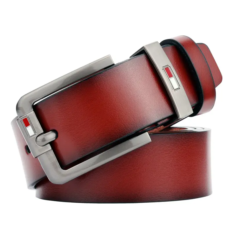 Men's Black Leather Belt with Vintage Pin Buckle