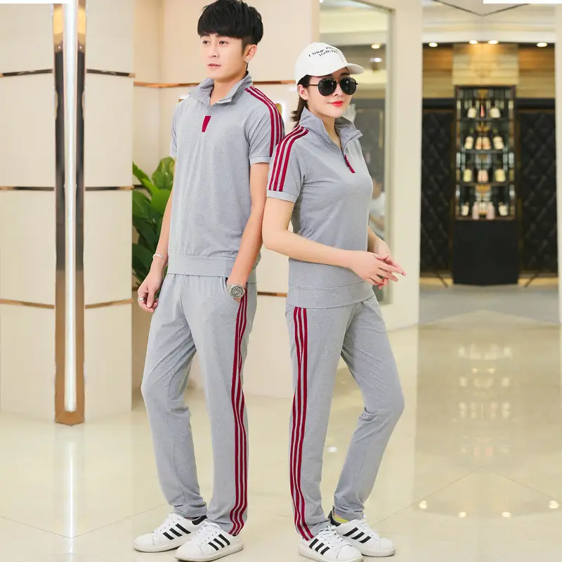 Women Gray Red Striped Polo Track Suit Summer Casual - Image 7
