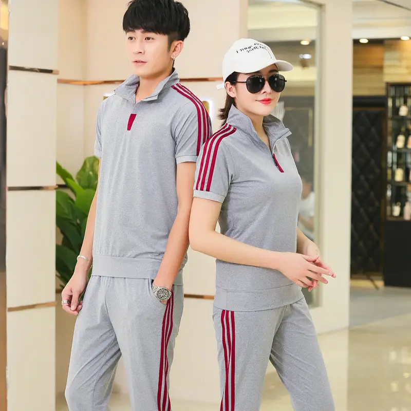 Women Gray Red Striped Polo Track Suit Summer Casual - Image 8