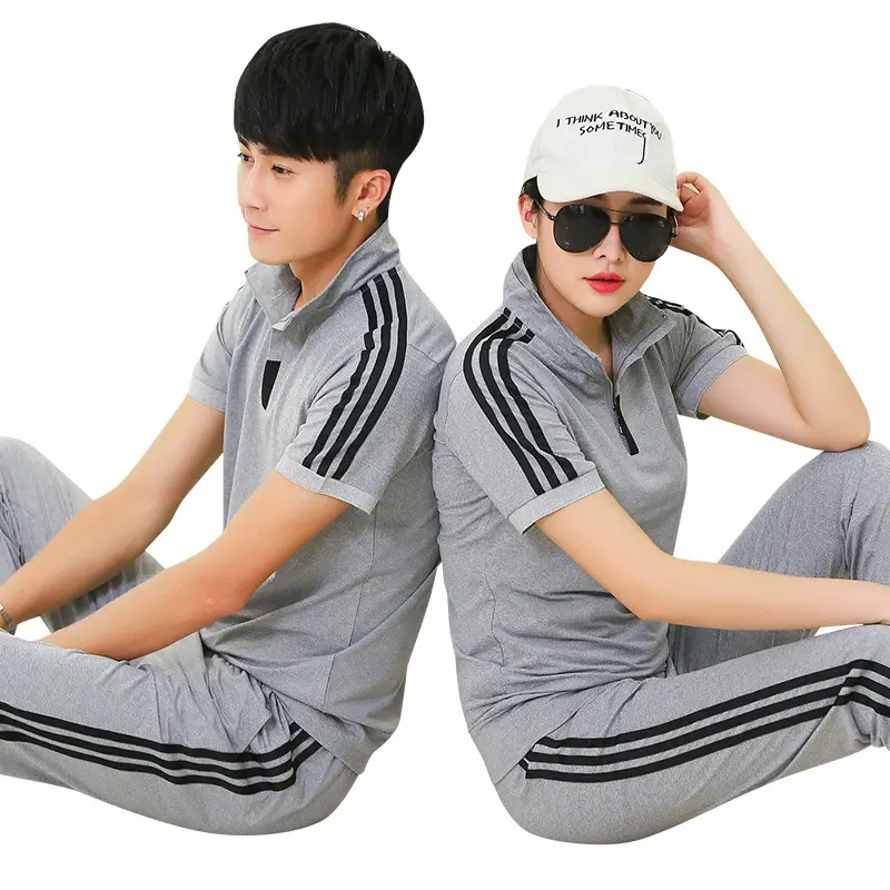 Women Gray Red Striped Polo Track Suit Summer Casual - Image 9
