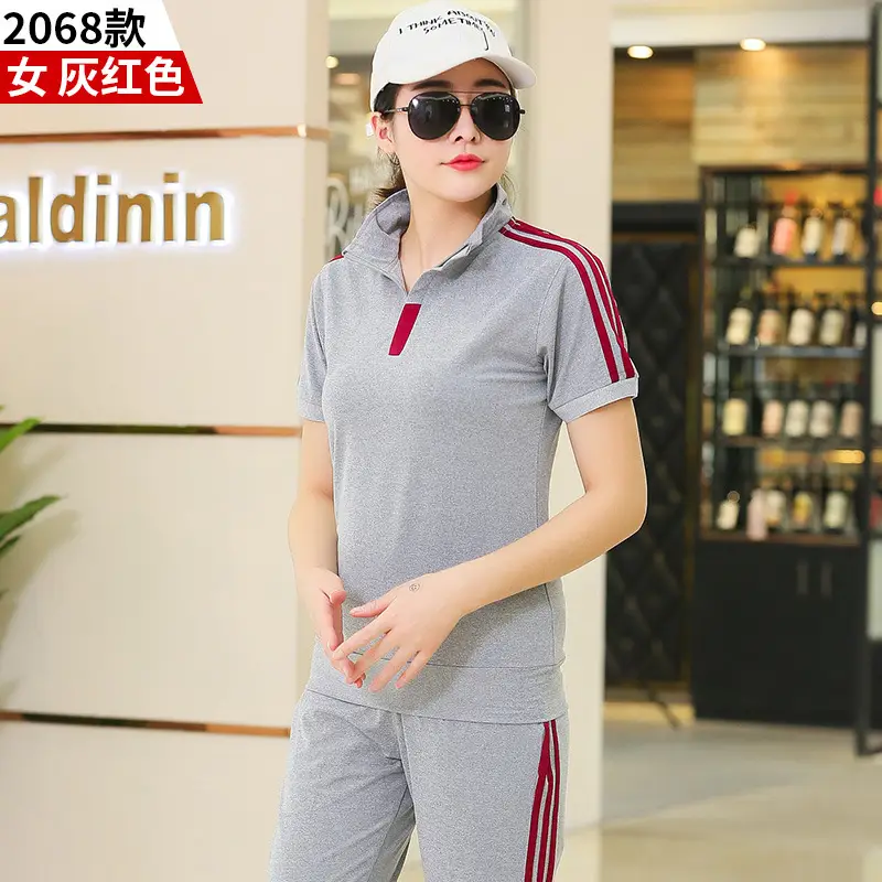 Women Gray Red Striped Polo Track Suit Summer Casual - Image 3