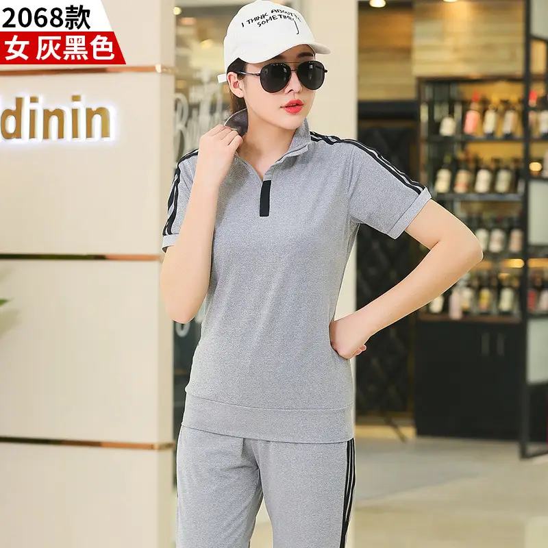 Women Gray Red Striped Polo Track Suit Summer Casual - Image 4