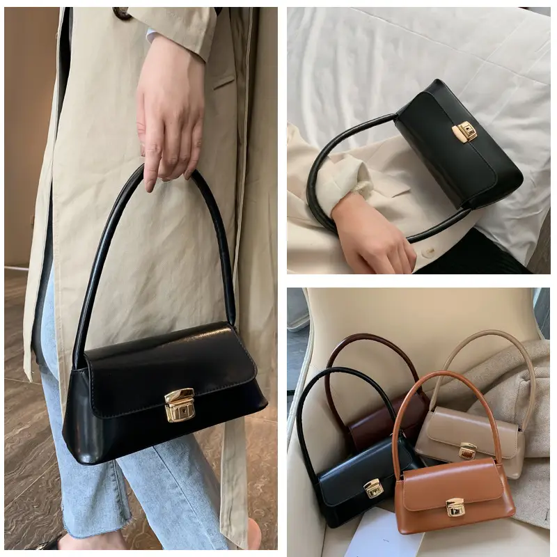 Black Korean Style Women's Shoulder Bag with Gold Clasp