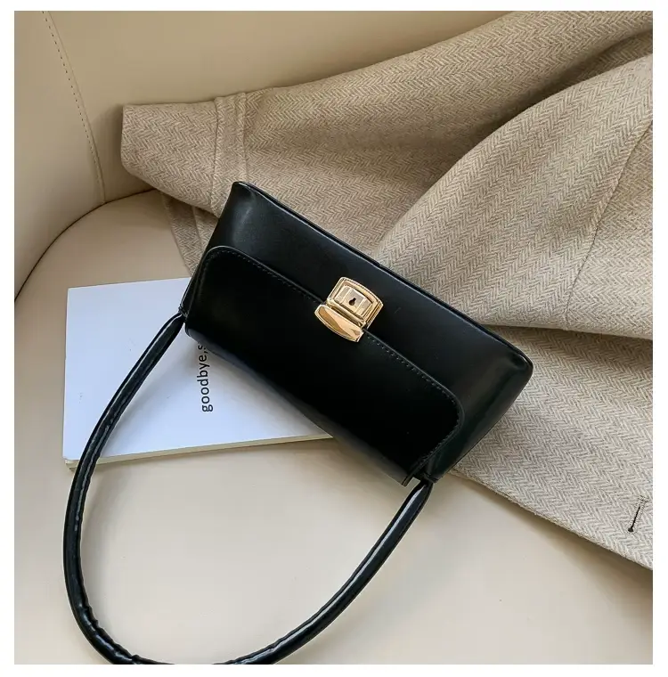 Black Korean Style Women's Shoulder Bag with Gold Clasp — feature 100