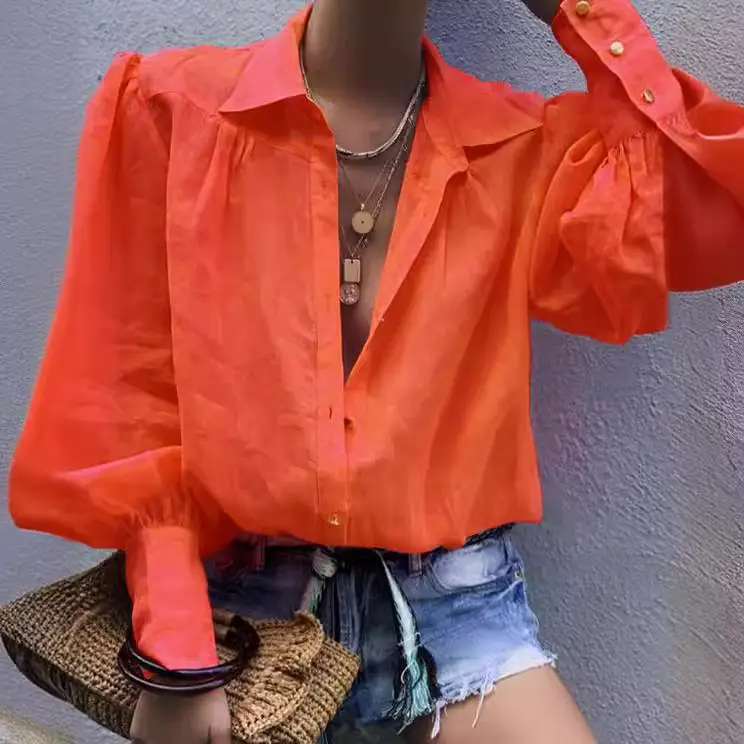 Black Long Sleeve Women's Collar Shirt with Lantern Sleeve