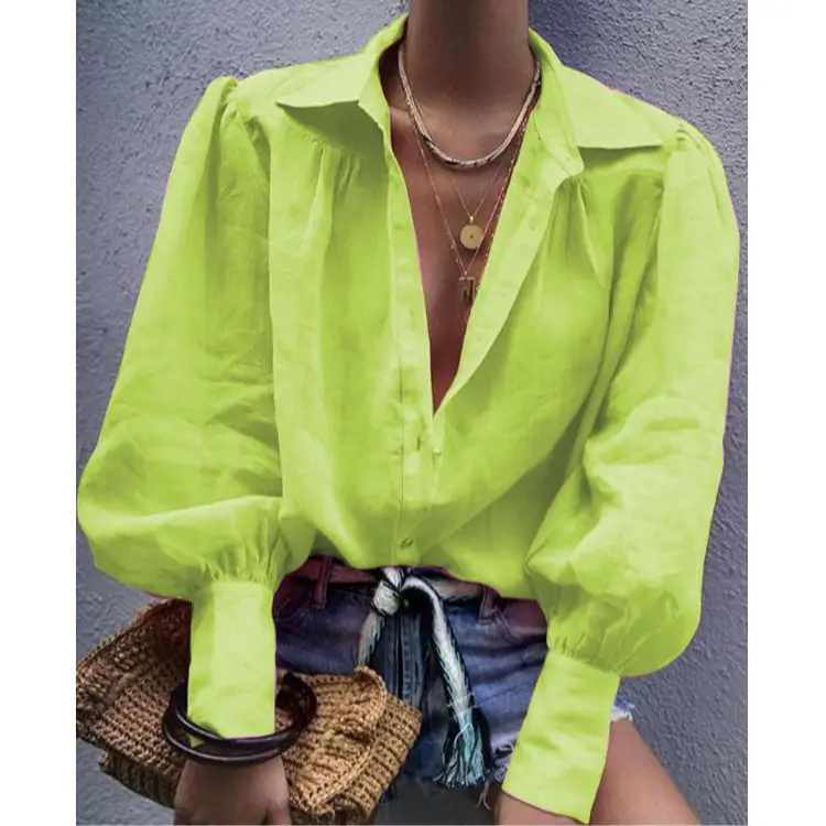 Black Long Sleeve Women's Collar Shirt with Lantern Sleeve