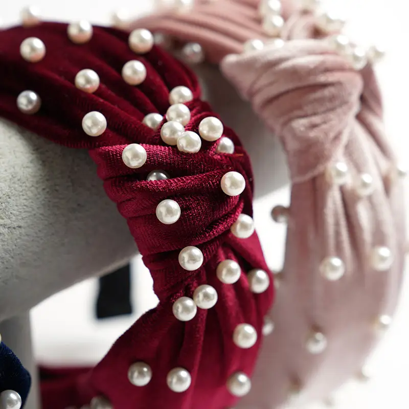 Brown Velvet Pearl Knot Headband for Women - Image 15