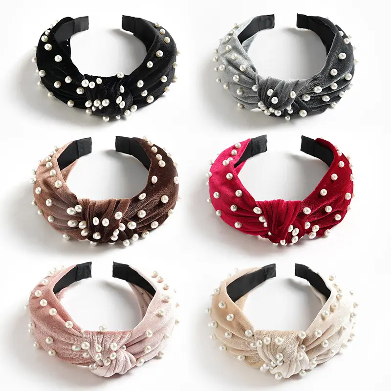 Brown Velvet Pearl Knot Headband for Women - Image 16