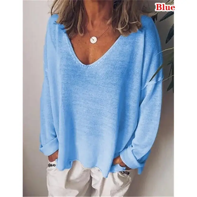 Blue V-Neck Long Sleeve Women's T-Shirt - Image 12