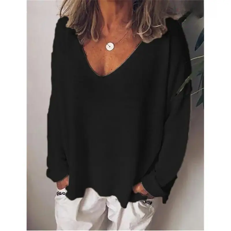 Blue V-Neck Long Sleeve Women's T-Shirt - Image 2
