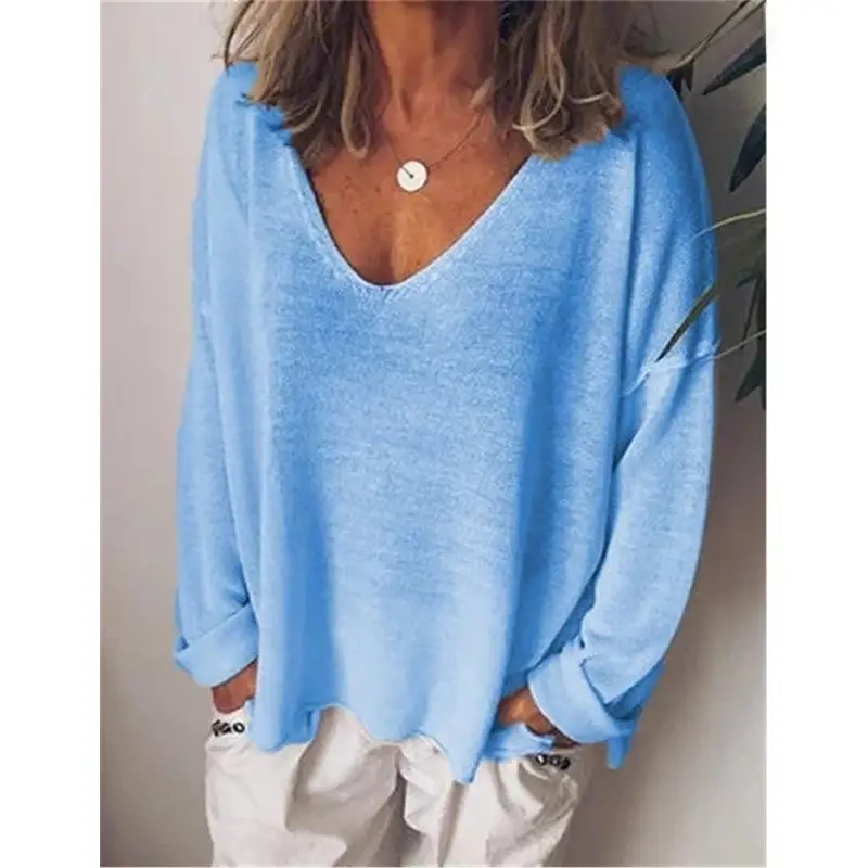 Blue V-Neck Long Sleeve Women's T-Shirt - Image 8