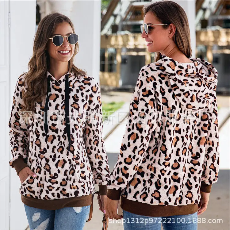 Women Leopard Print Hoodie Plush Sweatshirt Drawstring