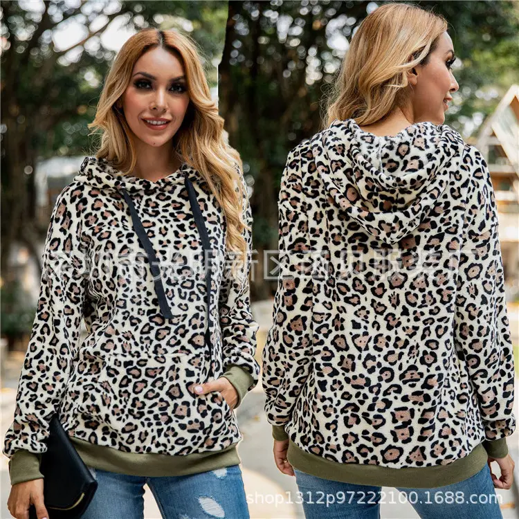 Women Leopard Print Hoodie Plush Sweatshirt Drawstring — feature 6